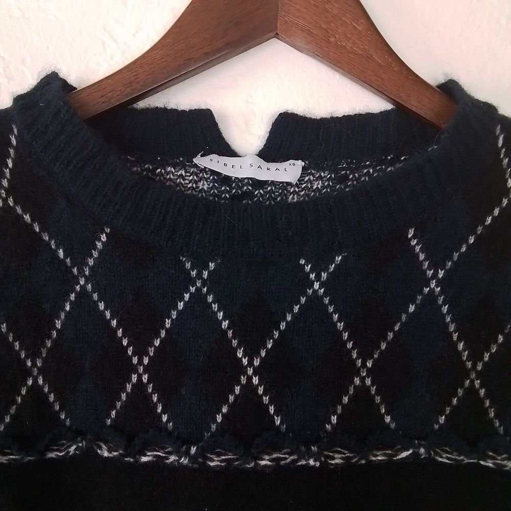 Sibel Saral Knit Sweater Sz XS Black Argyle Yak Alpaca Luxury Academia Crew Neck - Picture 6 of 12